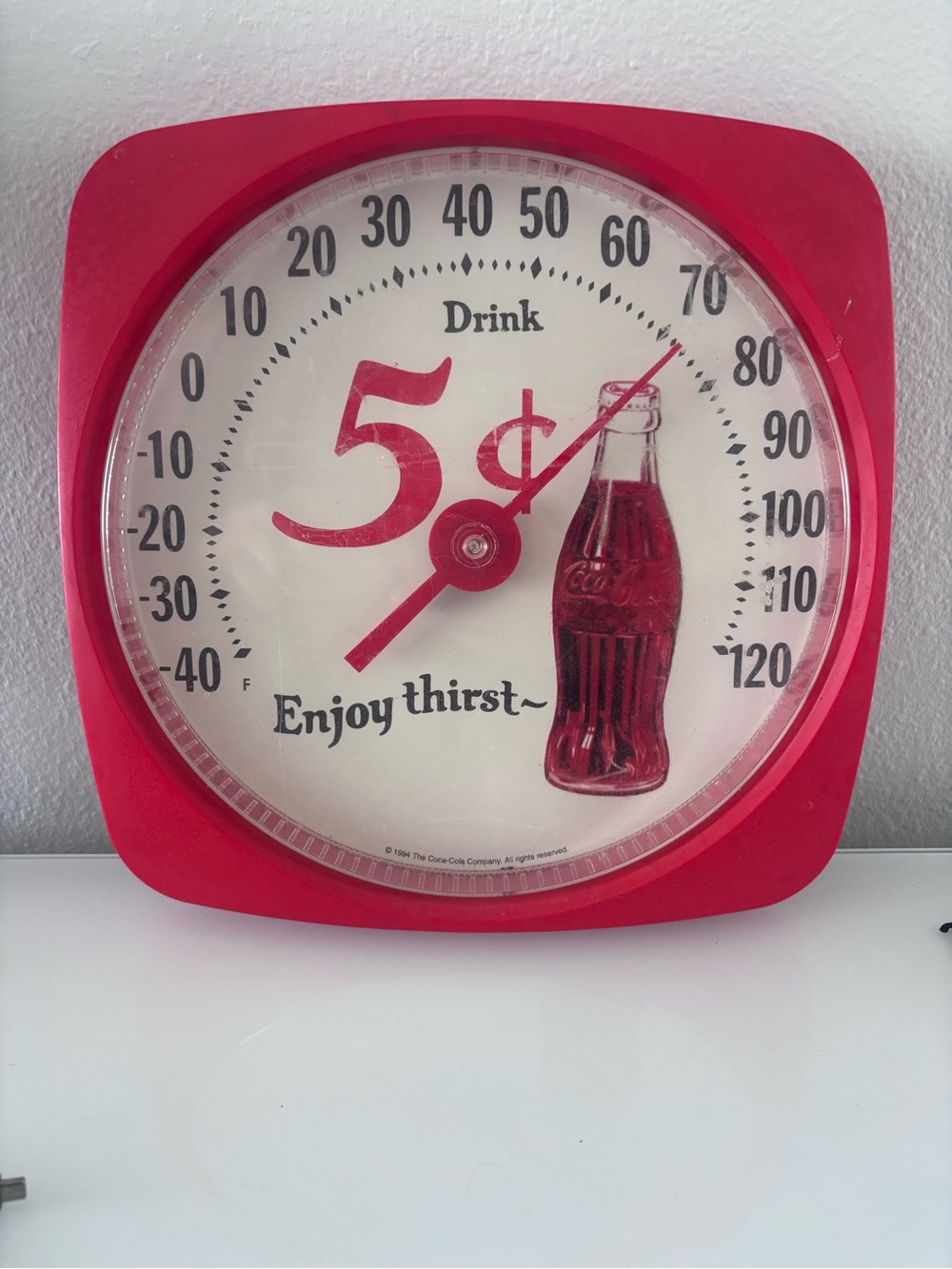 Vintage 12" Diameter Coca Cola 5 Cent Thermometer Enjoy Thirst Bottle - Working